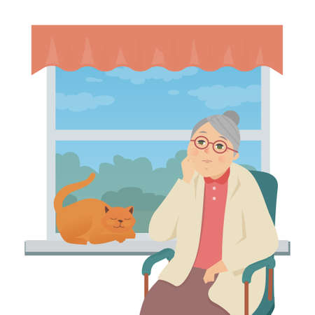 Senior woman sitting by the window - flat design style illustrationのイラスト素材