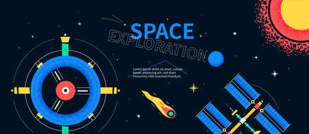 Space exploration - colorful flat design style web bannerのイラスト素材