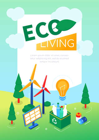 Eco living - modern colorful isometric web bannerのイラスト素材