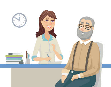 Senior man talking with a doctor - flat design style illustrationのイラスト素材