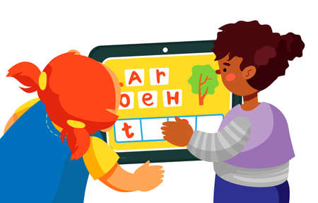 Children playing learning game - colorful flat design style illustration