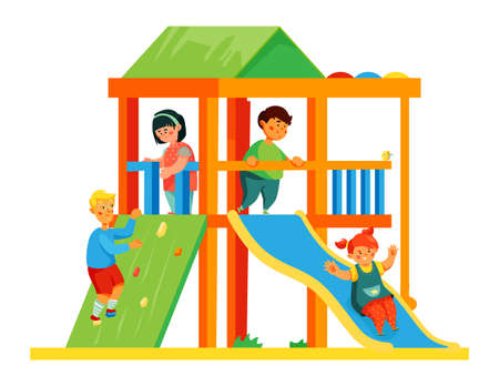 Children on playground - colorful flat design style illustrationのイラスト素材