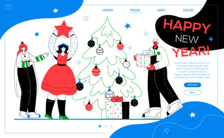 Happy New Year - flat design style web banner with copy space for text and trendy characters. An illustration with friends, colleagues celebrating holidays, decorating Christmas tree, giving presentsのイラスト素材