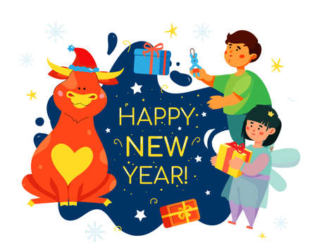 Children celebrating New Year 2021 - colorful flat design style illustrationのイラスト素材
