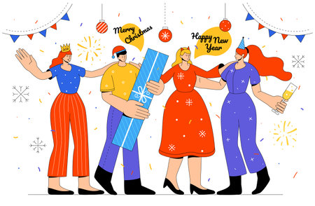 Happy New Year and Merry Christmas - flat design style illustrationのイラスト素材