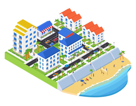 Coastal city - modern vector colorful isometric illustrationのイラスト素材