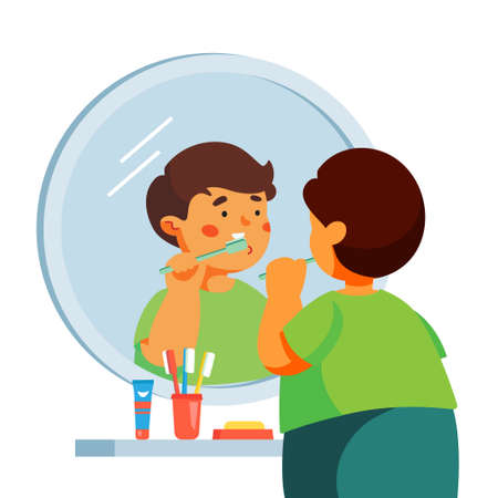 Boy brushing his teeth - colorful flat design style illustrationのイラスト素材