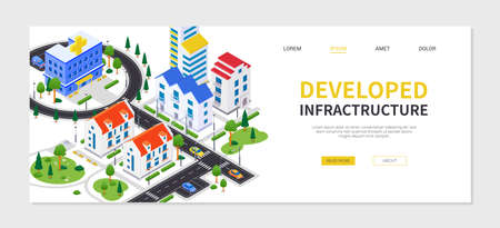 City district - modern vector colorful isometric web bannerのイラスト素材