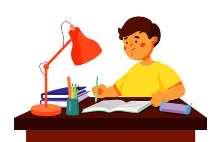 Boy doing homework - colorful flat design style illustrationのイラスト素材