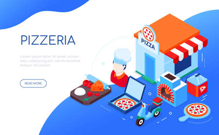 Pizzeria and delivery - modern colorful isometric web bannerのイラスト素材