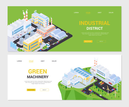 Industrial district and green machinery - set of isometric bannersのイラスト素材