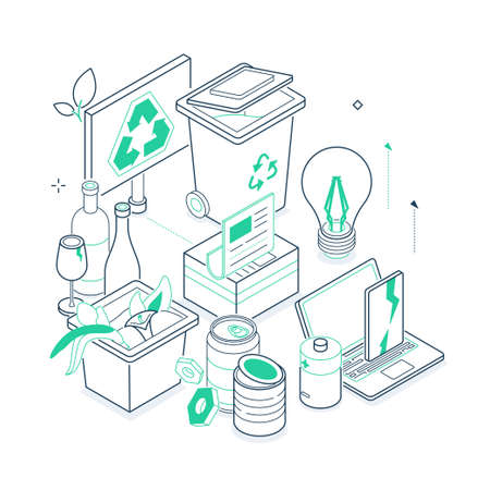Waste sorting - isometric green and black line illustrationのイラスト素材