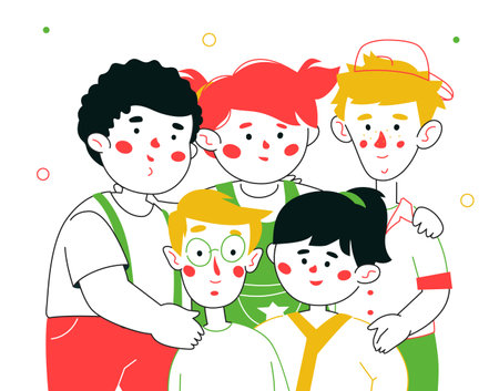 Happy preschool children - colorful line design style illustrationのイラスト素材
