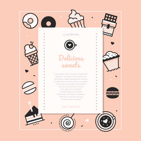 Delicious sweets - vector line design style posterのイラスト素材