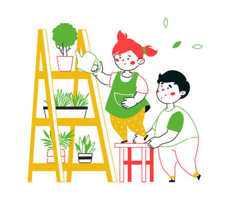 Children watering plants - colorful line design style illustrationのイラスト素材