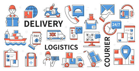 Delivery and logistics - colorful line design style bannerのイラスト素材