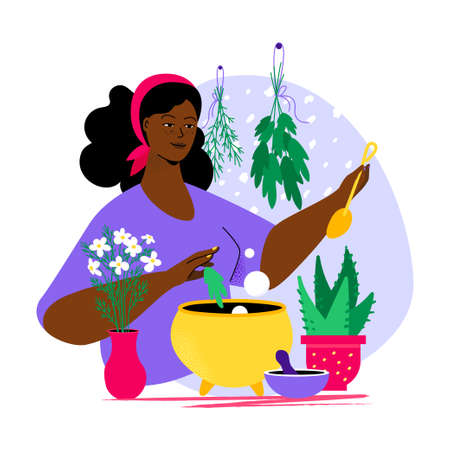 Prepare herbal decoction - colorful flat design style illustrationのイラスト素材