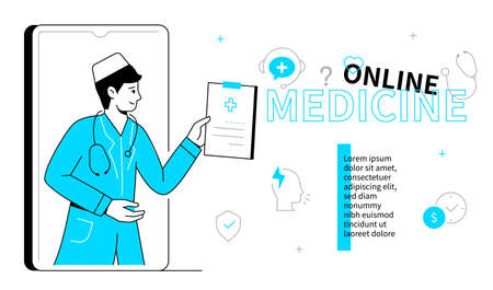 Online medicine - colorful flat design style poster with line elementsのイラスト素材