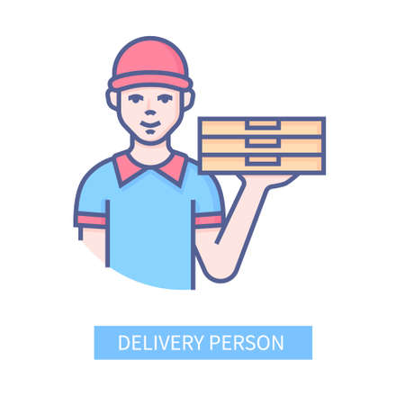 Delivery person - modern colored line design style icon on white background. Neat detailed image of young guy with boxes of pizza in his hands. Food from a restaurant or pizzeria. Logistic ideaのイラスト素材