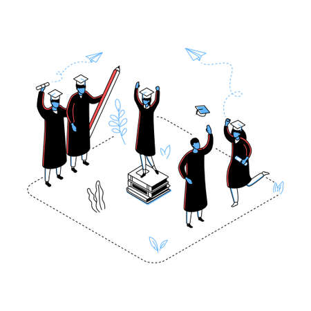 Graduation concept - modern line isometry design style illustrationのイラスト素材