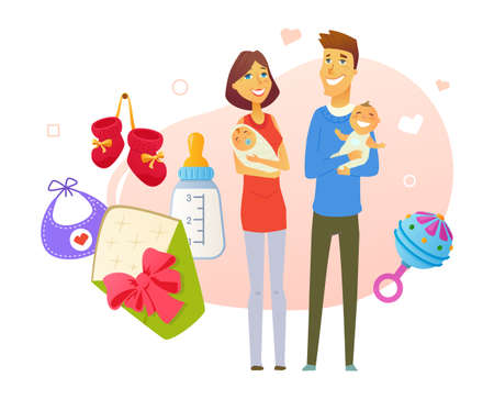 Young family with infant - modern colored vector posterのイラスト素材