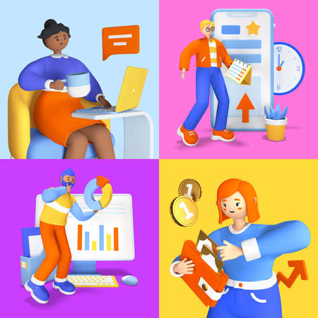 Office and remote work - realistic colorful 3d illustrationの写真素材