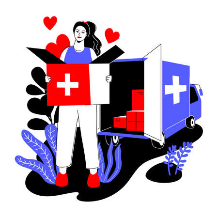 Humanitarian aid delivery - modern colorful flat design style illustrationのイラスト素材