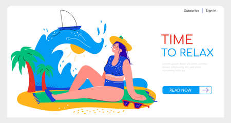 Time to relax on the beach - flat design style bannerのイラスト素材