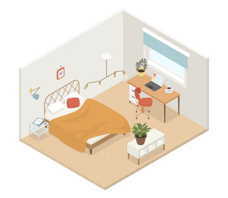 Bedroom and office area - modern vector colorful isometric illustrationのイラスト素材
