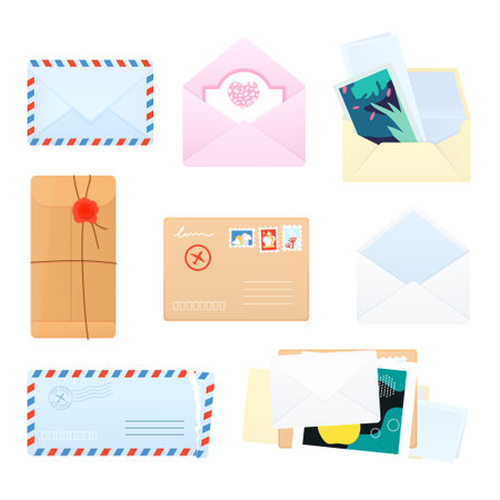 Postal envelopes and parcels - flat design style objects setのイラスト素材