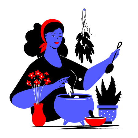 Herbalist making potion - colorful flat design style illustrationのイラスト素材