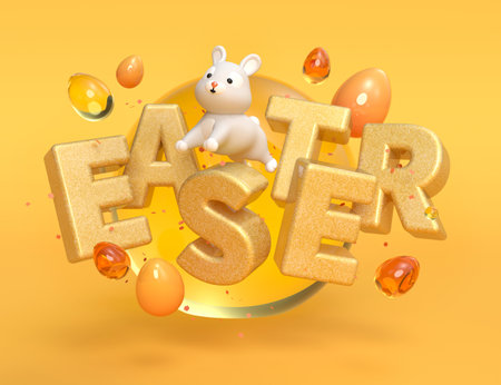 Easter bunny with eggs - modern colorful 3d illustrationの写真素材