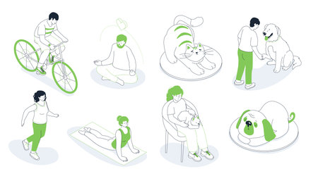 People, sports and pets - modern line design style isometric illustration setのイラスト素材