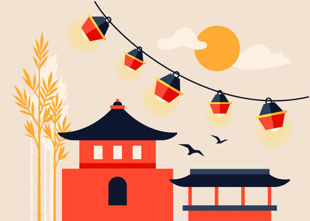 Small japanese houses - modern colored vector illustrationのイラスト素材