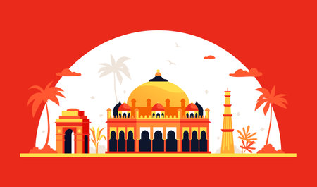 Akshardham and Gateway of India in New Delhi - colored vector illustrationのイラスト素材