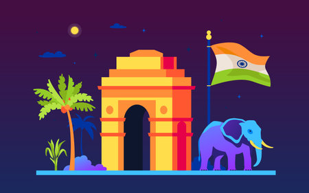Gateway of India in New Delhi - modern colored vector illustrationのイラスト素材