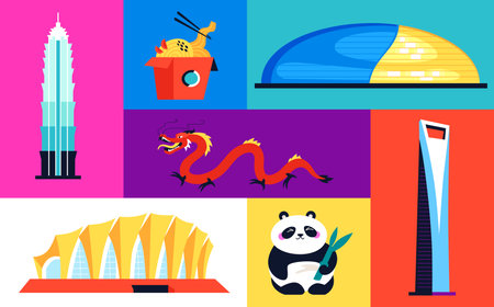 Architecture and features of China - set of flat design style illustrationsのイラスト素材