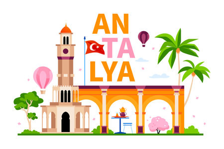 Sights and architecture of Antalya - modern colored vector illustrationのイラスト素材