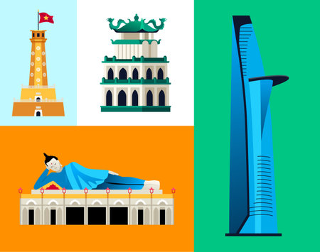 Eclectic architecture in Vietnam - set of flat design style colorful illustrationsのイラスト素材