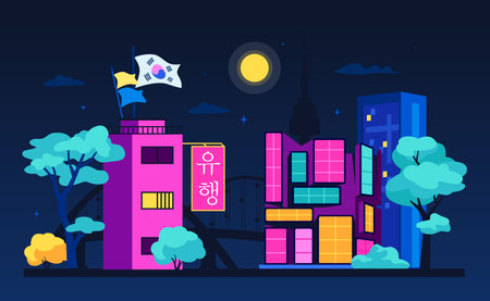 Moon lights up the streets of South Korea - colored vector illustrationのイラスト素材