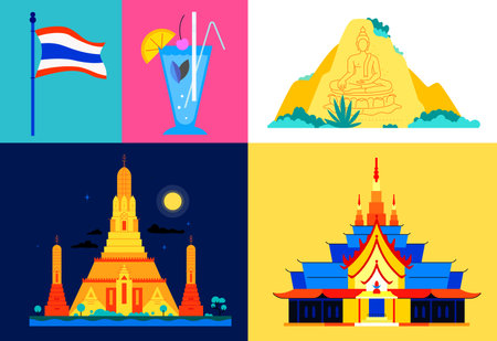 Landmarks of Thailand - set of flat design style colorful illustrationsのイラスト素材