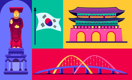 Landmarks and statues of South Korea - set of flat design style colorful illustrationsのイラスト素材
