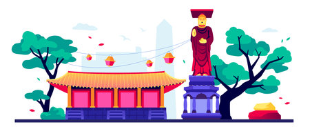 Buddhist temple and statue - modern colored vector illustrationのイラスト素材