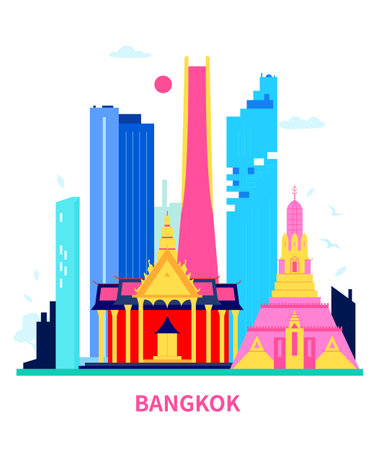 Contemporary center and history of Bangkok - modern colored vector illustrationのイラスト素材
