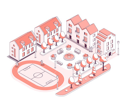 Sports stadium in the courtyard area - vector isometric illustrationのイラスト素材