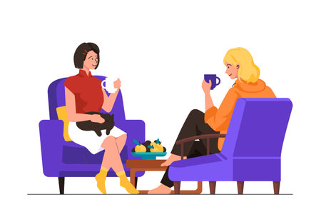 Girls drinking tea - modern flat design style illustrationのイラスト素材
