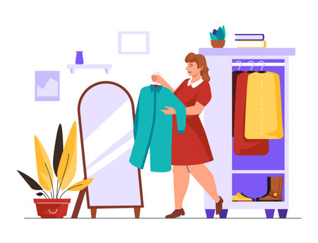 Woman trying a new shirt - colorful flat design style illustrationのイラスト素材