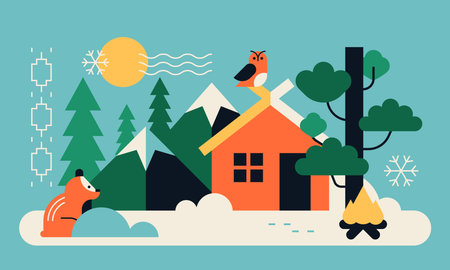 Winter in the village - colorful flat design style illustrationのイラスト素材