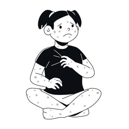 Girl with Chickenpox - Black and White Flat Design Illustrationのイラスト素材
