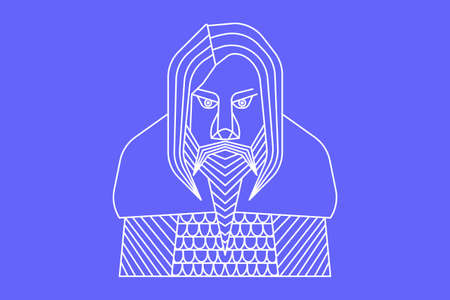 Viking face in line art style. White on blue background.のイラスト素材
